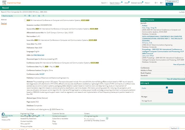 ICCCS 2020 EI Compendex indexing record
