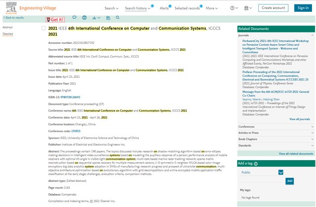 ICCCS 2021 EI Compendex indexing record