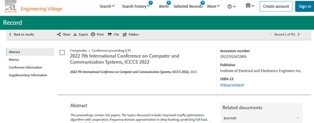 ICCCS 2022 EI Compendex indexing record