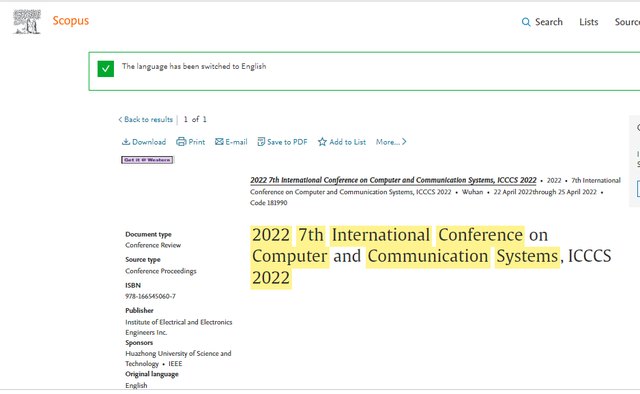 ICCCS 2022 Scopus indexing record