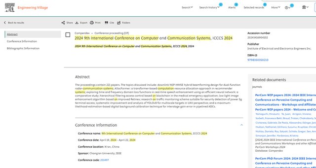ICCCS 2024 EI Compendex indexing record