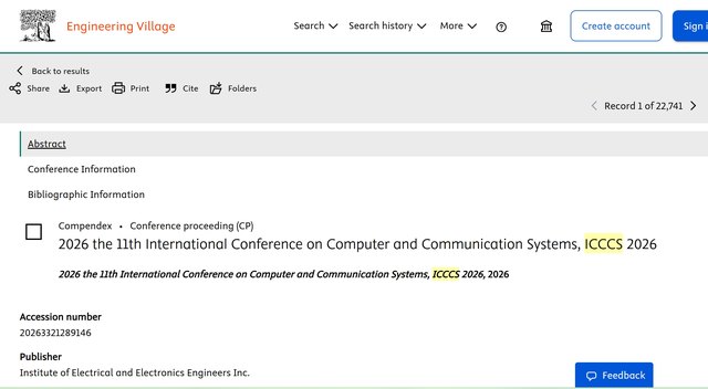 ICCCS 2026 EI Compendex indexing record